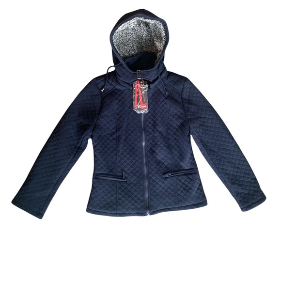 Yoki Sport NWT Women's Quilted Navy Hooded Jacket Sherpa Lining L JF2867 - Picture 1 of 12